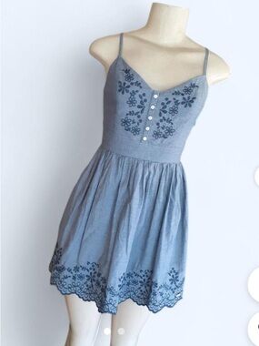 Hollister Light Blue Chambray Button-Front Shirt with Navy Embroidery size L